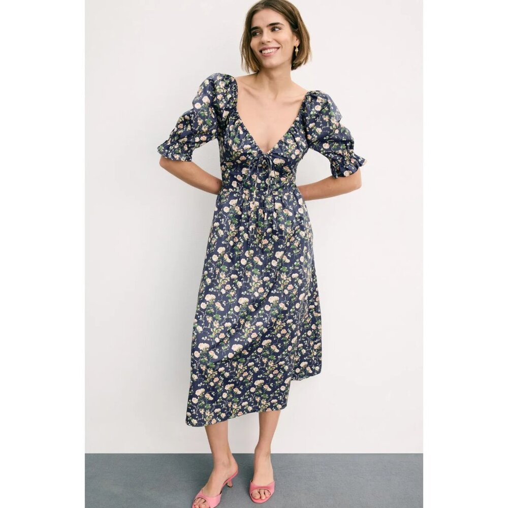Hill House Navy Floral Midi Dress with Cream and Green Accents